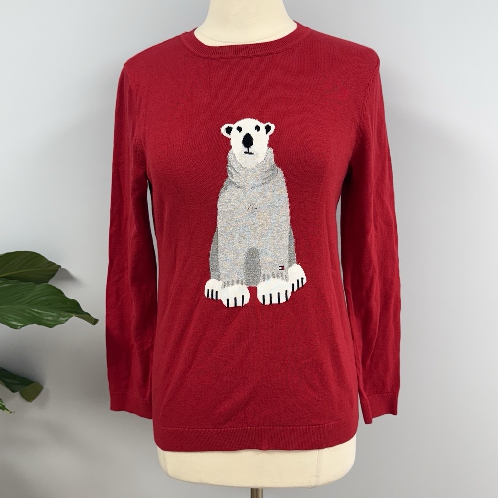 NWT Tommy Hilfiger Red Polar Bear Sweater Womens M Preppy Winter Christmas